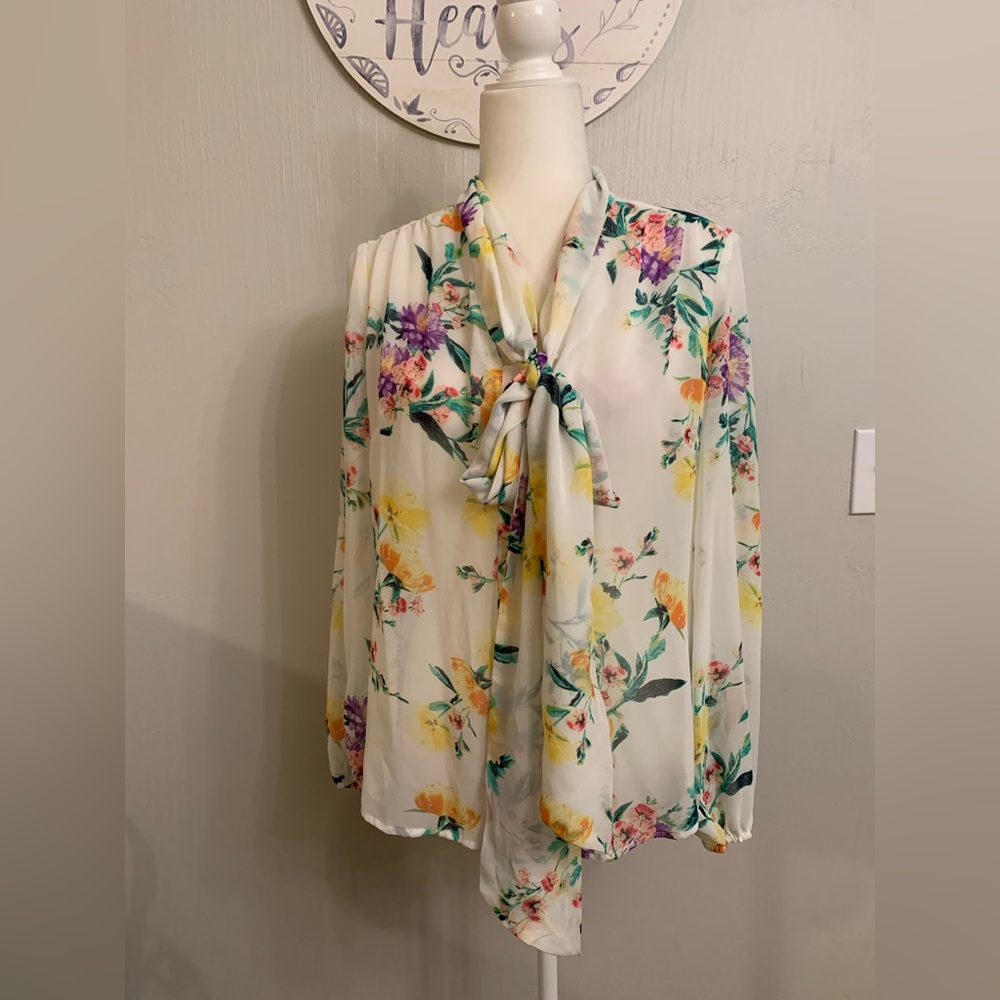 New York & Company Floral Tie Neck Blouse - Multicolor